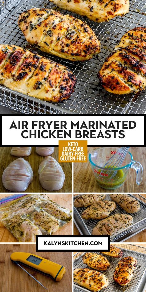 "Pinterest Image of AIR FRYER MARINATED CHICKEN BREASTS showing chicken cooked on air fryer basket tray and various images of chicken in different stages of preparation." Marinated Chicken Air Fryer Recipes, Chicken Marinades For Air Fryer, Air Fryer Marinated Chicken Breast, Chicken Marinade Air Fryer, Marinated Chicken Air Fryer, Italian Marinade For Chicken, Moist Chicken Breast, Fried Spinach, Delicious Chicken Dinners