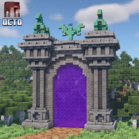 Minecraft Grand Entrance Ideas, Medieval Portal Minecraft, Door Minecraft Design, Minecraft Stone Entrance, Minecraft Medieval Portal Design, Giant Nether Portal Design, Portal Minecraft Design, Nether Portal Building, Minecraft Terracotta Pattern