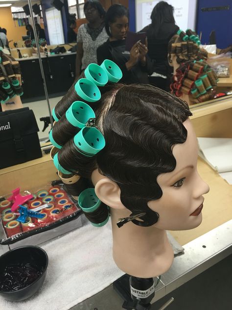 Finger wave and roller set  Cosmetology #empirebeautyschool Wet Sets Hairstyles, Wet Roller Set Hairstyles, Wet Set Hairstyles, Finger Waves And Pin Curls, Roller Set Styles, Finger Waves Long Hair, Roller Set Hairstyles, Cabelo Pin Up, Roller Sets