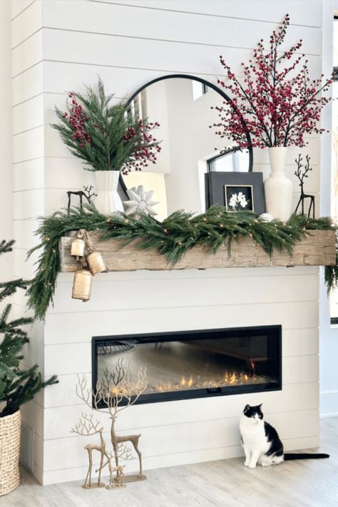 11 Simple Ways to Decorate Your Mantle for Christmas - Mozie Simple Mantle Decor With Mirror, Fireplace Mantle Decor Minimalist, Lights On Mantle Year Round, Christmas Mantle With Mirror, Winter Mantle Ideas, Mantle Christmas Garland, Christmas Mantles Ideas Fireplaces, White Mantle Decor, Mantle Christmas Decor Ideas