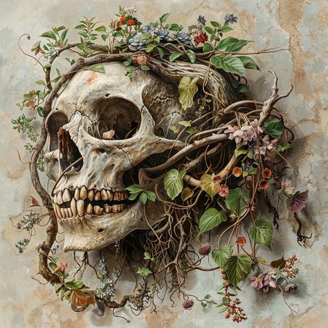 Where endings and beginnings intertwine, nature carves its own path. 🌿🌸💀 #naturesculpture #lifeanddeath #skullart #overgrown #wildbeauty #floralart #vines #ivy #berries #wildflowers #botanicalillustration #naturalworld #growth #decay #cycleoflife #naturetakesover #wallart #textured #rusticcharm #eclecticart #homedecor #artisticshare #biophilicdesign #interiordetails #earthinspired #capturedmoments #timelessbeauty #sustainableart #photographylovers #dailyart Skeleton In Nature Art, Skull Nature Art, Decay Aesthetic, Graveyard Garden, Growth And Decay Art, Overgrown Animal Skull Tattoo, Overgrown Skull, Ivy Berries, Growth And Decay Photography