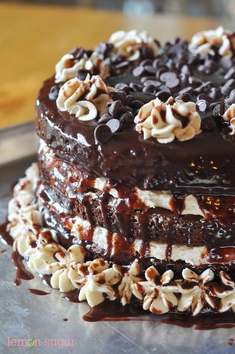 Cookie Dough Brownie Cake Cookie Dough Brownie Cake, Cookie Dough Filling, Cookie Dough Frosting, Cookie Dough Brownies, Ganache Frosting, Ganache Recipe, Brownies Recipe Easy, Brownie Cake, Food Cakes