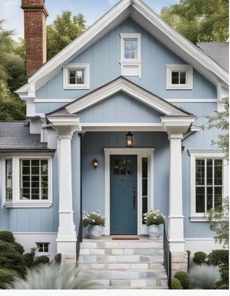 Airy Blue Paint Color, Bracing Blue Sherwin Williams Exterior, Door Colors For Light Blue House, Grayish Blue House Exterior, Cottages Exterior Colors, Beach House Outdoor Paint Colors, Blue Cape Cod House Exterior, Pale Blue Exterior House Colors, Blue Exterior House Colors White Trim