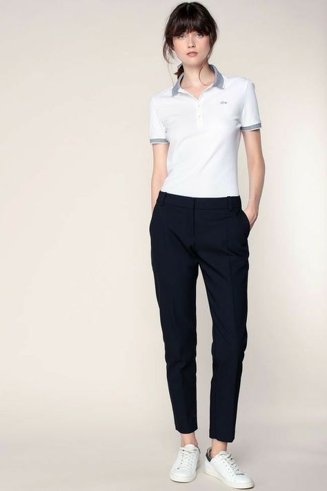 Work Polo Shirt Outfit Women, Polo Outfits For Women, Polo Shirt Outfit Women's, Polo Shirt Girl, Polo Shirt Outfits, Polo Outfit, Polo Shirt Design, Black Shirts Women, Slacks For Women