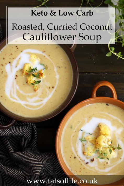 Roasted Curry Cauliflower and Coconut Soup (Keto Vegan) Keto Cauliflower Soup, Roasted Pepper Soup, Cauliflower Soup Healthy, Pea And Mint Soup, Curry Cauliflower, Keto Curry, Curried Cauliflower Soup, Soup Keto, Roasted Cauliflower Soup