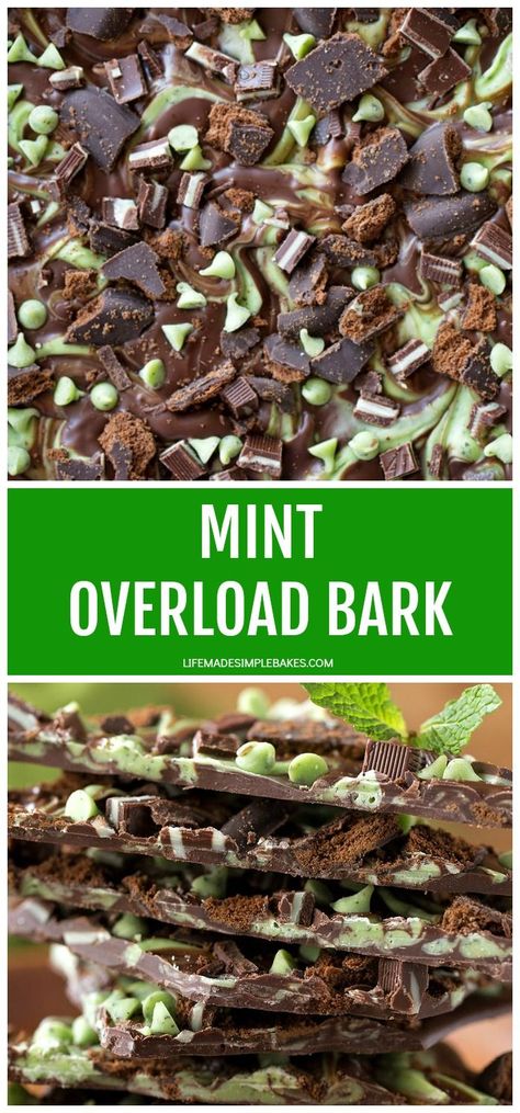 A quick and easy holiday treat! This mint overload bark is swirled with dark and mint chocolate, topped with mint cookies, candies, and chips. #mintoverloadbark #overloadbark #mintbark #minttreats Mint Bark, Life Made Simple, Easy Holiday Treats, Slow Cooker Desserts, Mint Cookies, Bark Recipe, Chocolate Mint, Christmas Dessert, Chocolate Topping