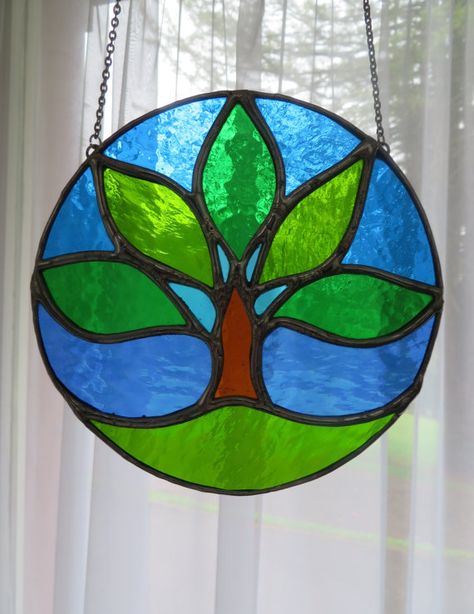 Summer Tree Seasonal Sunny Stained Glass by pewtermoonsilver Pier Ideas, Copper Foiling, Mosaic Mirror Frame, Yard Art Crafts, Summer Tree, Glass Cactus, Wood Craft Patterns, Glass Suncatchers, Stained Glass Decor