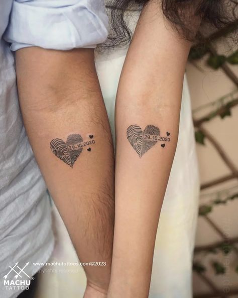 50+ Coolest Couple Tattoos We Found on the Internet for Your Tat Inspiration Matching Tattoos For Partners, Micro Tattoos For Couples, Minimal Couple Tattoo Ideas, Liam Tattoo, Couples Tats, Tattoo Partner, Thumbprint Tattoo, Partner Tattoo, Chest Neck Tattoo