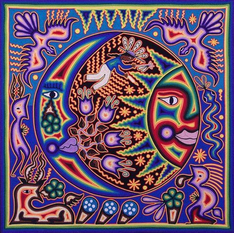 This incredibly beautiful Folk art is called Huichol art, also known as Mexican yarn art. The colorful designs and symbols are created by pressing colorful yarn and beads into a wax and resin-covered baseboard. Most Huichol patterns and designs have religious and cultural significance. #huicholart #huichol #art #artwork #artoftheday #artist #mexico #beautiful #yarnart Made by: Andrew Osta Picture Source: Facebook Mexican Yarn Art, Wall Paper Art, Huichol Pattern, Mexican Wall Art, South American Art, Arte Folk, Yarn Painting, Huichol Art, Mexico Art