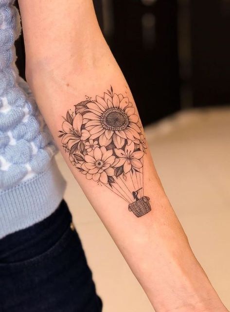 Balloon Of Flowers Tattoo - TattooLopediaTattooLopedia Sunflower Foot Tattoos, Pinapple Tattoos, Hot Air Balloon Tattoo, Air Balloon Tattoo, Butterfly Tattoos On Arm, Balloon Tattoo, Small Girly Tattoos, Red Ink Tattoos, Flowers Tattoo