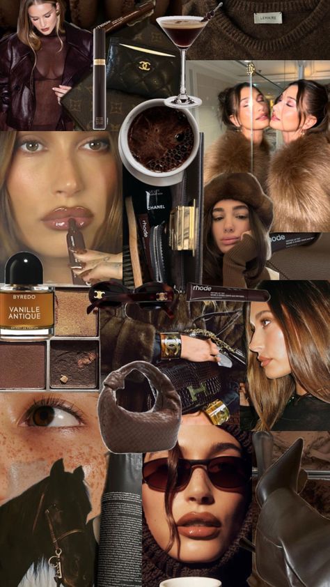 #rhode #espresso #rhodeespresso #espressomartini Vision Board Brown Aesthetic, Hailey Bieber Sunglasses, Aesthetic Hailey Bieber, Vision Collage, Golden Brunette, Brunette Aesthetic, Makeup Aesthetic, Coffee Girl, Dark Makeup