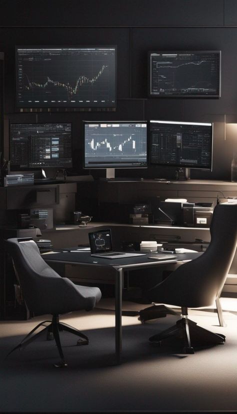 Tech Billionaire Aesthetic, Tech Guy Aesthetic, Modern Home Office Desk, Trading Desk, Home Studio Setup, Business Setup, Home Library Design, Smart Home Design, Luxury Office