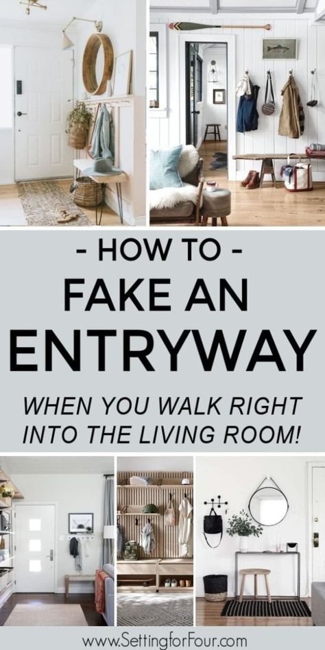 Design tips on how to fake an entryway when you enter right into the living room. No entry? See these smart solutions! #cozy #farmhouse #living #room No Entryway Ideas Living Rooms, No Foyer Entry, Back Door Entry, Farmhouse Decoration Ideas, Cozy Farmhouse Living Room, Farm House Livingroom, Farmhouse Living Room Ideas, No Entry, Accent Wall Ideas