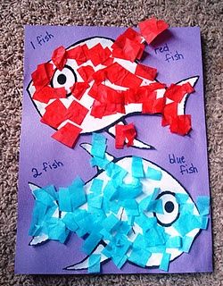 1 Fish, 2 Fish, Red Fish, Blue Fish craft idea. Cut up blue & red colored tissue paper. Cover a fish template in glue & let them stick the pieces on. Dr Seuss Preschool Activities, 1 Fish 2 Fish, Dr Seuss Preschool, The Rainbow Fish, Dr Seuss Classroom, Dr Seuss Activities, Dr Seuss Crafts, Fish Craft, March Crafts