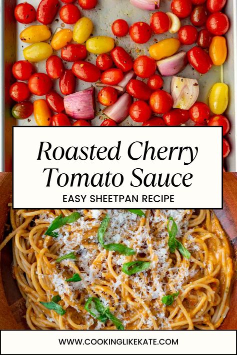 This roasted cherry tomato sauce is a delightful fresh tomato recipe that transforms simple ingredients into a rich and flavorful homemade spaghetti sauce. As a sheet pan recipe, this roasted tomato sauce captures the essence of fresh tomatoes in every bite, perfect for an easy and delicious pasta night. Sheet Pan Spaghetti Sauce, Sheet Pan Tomato Sauce, Sheet Pan Pasta Sauce, Roasted Tomato Sauce Homemade, Recipes For Cherry Tomatoes, Roasted Cherry Tomatoes Pasta, Cherry Tomatoes Recipes, Roasted Cherry Tomato Pasta, Roasted Cherry Tomato Sauce