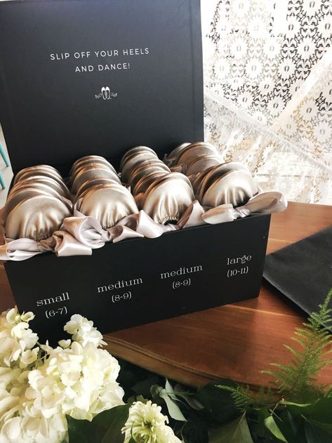 Silver ballet flats in a box set for brides and their wedding guests. Slip off your heels and dance! | Rescue Flats Wedding Flip Flops For Guests, Rescue Flats, Shoes For Wedding Guest, Wedding Ballet Flats, Silver Ballet Flats, Wedding Flip Flops, Wedding Slippers, Dream Wedding Decorations, Wedding Giveaways