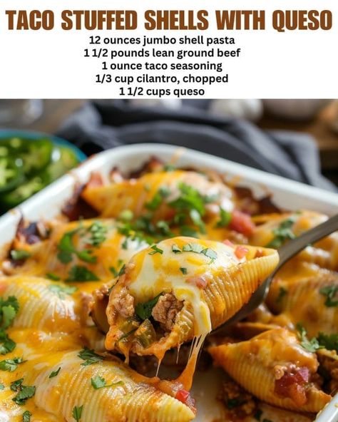 Taco Stuffed Shells with Queso Taco Stuffed Shells With Queso, Stuffed Shells Crockpot, Jumbo Shell Recipes, Mexican Stuffed Shells, Dessert Taco, Mexican Night, Shells Recipe, Taco Shells, Taco Fillings