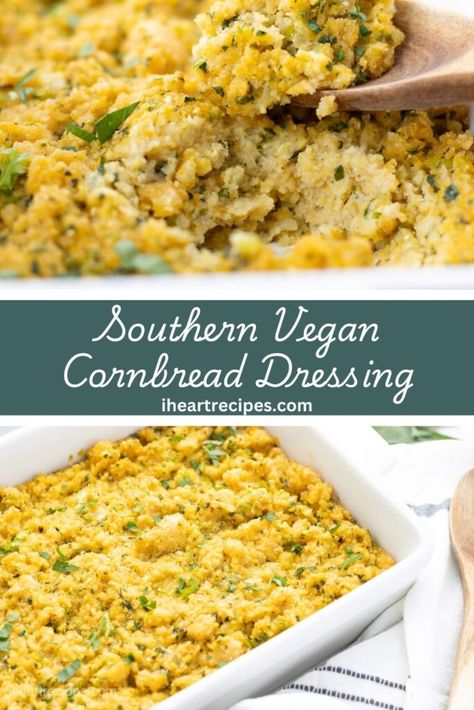 Vegan Southern Cornbread Dressing | I Heart Recipes Vegan Cornbread Stuffing Thanksgiving, Vegan Cornbread Dressing Thanksgiving, Vegetarian Cornbread Dressing, Dairy Free Dressing Thanksgiving, Gluten Free Cornbread Dressing Recipe, Southern Thanksgiving Dressing, Vegan Thanksgiving Dressing, Cornbread Dressing Southern Jiffy, Easy Cornbread Dressing Southern