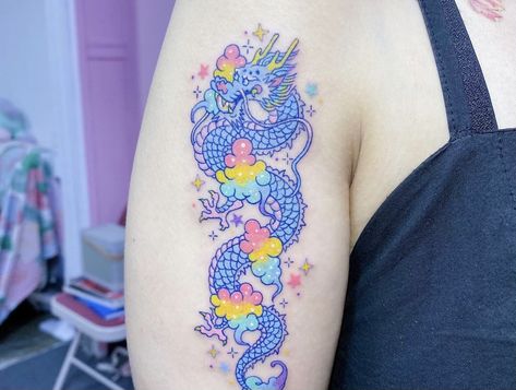 Galaxy Dragon Tattoo, Kawaii Dragon Tattoo, Galaxy Arm Tattoo, Rainbow Magic Fairy Tattoo, Unicorn And Dinosaur Tattoo, Rainbow Dragon Tattoo, Funky Tattoos, Tattoo Skin, C Tattoo