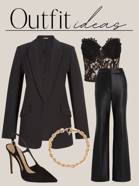 Date night outfit, blazer, faux leather, corset top, lace top, neutral outfit #LTKstyletip #LTKHoliday #LTKSeasonal Date Night Outfit Blazer, Outfit With Corset, Fall Outfit With Boots, Corset Top Outfit, Winter Outfits 2020, Winter Sweater Outfits, Lace Corset Top, Nashville Outfits, Fall Outfits For Work