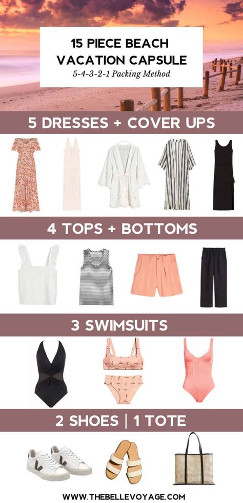 1 Week Beach Vacation Outfits, Traveling To The Beach Outfit, One Week Beach Vacation Packing Capsule Wardrobe, Beach Vacation Outfits Capsule, Minimalist Packing For Beach Vacation, Capsule Beach Wardrobe, All Inclusive Capsule Wardrobe, Summer Holiday Outfits Beach Vacation Style Capsule Wardrobe, Beach Vacation Packing List Carry On