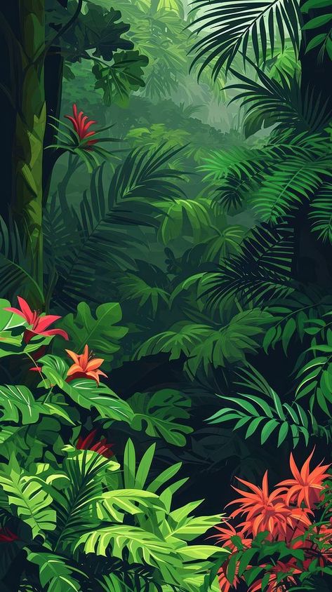 Tropical Tree Illustration, Simple Jungle Painting, Forest Leaves Drawing, Tropical Mural Wallpaper, Tropical Forest Illustration, Tropical Plants Painting, Vegetation Illustration, Leaves Iphone Wallpaper, Tropical Rainforest Wallpaper