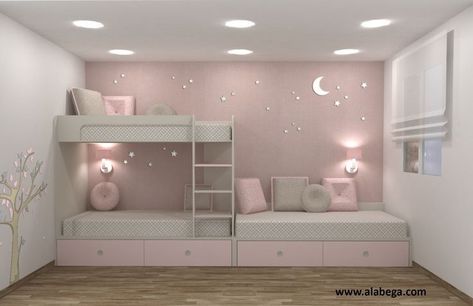 Kids Shared Bedroom Ideas, Triplets Bedroom, Shared Bedroom Ideas, Sister Bedroom, Bedroom Ideas For Kids, Sibling Room, Bed For Girls Room, Shared Girls Room, Loft Bed Plans