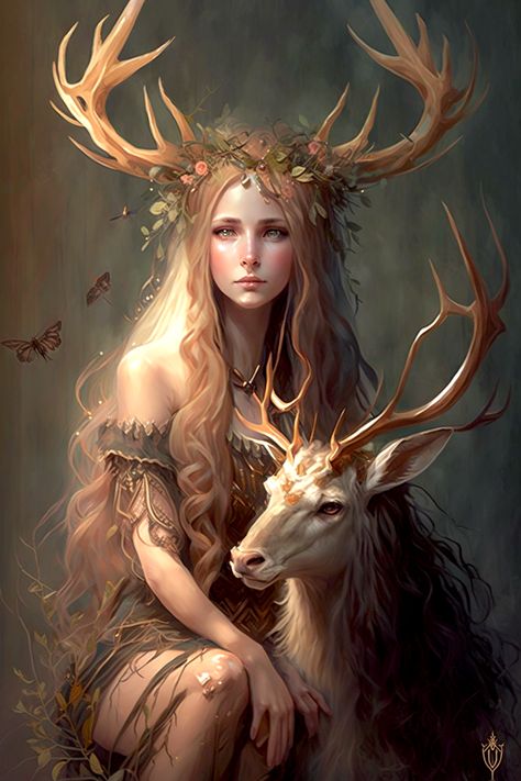 Elf With Antlers Art, Deer Goddess Art, Female Deer Art, Deer People Art, Eladrin Druid Female, Human Deer Character Design, Deer Woman Art, Half Deer Half Human, Dnd Wood Elf Female