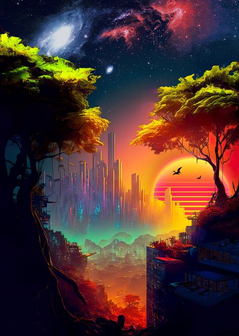 🌆💜🌌 Synthwave cyberpunk city in a forest — surreal space collage art, cosmic futuristic sci-fi collage Cyberpunk Forest, Futuristic Forest, Space Collage Art, Synthwave Cyberpunk, Cyberpunk Vibes, Space Vibes, Pastel Scene, Samsung Themes, Space Collage