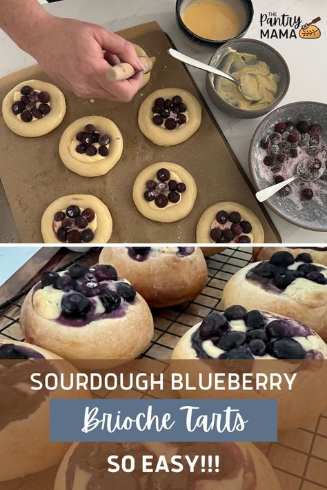 Sweet buttery sourdough brioche rolls filled with blueberry cheesecake topping and baked to perfection! You are going to love these tart like Danish pastries. Sourdough Brioche Tarts, Sourdough Blueberry Brioche Tarts, Sourdough Easter Desserts, Easter Sourdough Recipes, Sourdough Tart, Blueberry Cheesecake Topping, Sourdough Pastries, Blueberry Cheesecake Rolls, Sourdough Sweets