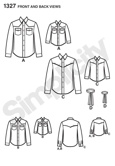 Simplicity 1327 Boys' and Men's Western Shirt and Tie Western Pleasure Shirt, Western Shirt Pattern, Shirt Blouse Pattern, Girls Western Shirts, Ladies Western Shirts, Blouse Pattern Free, Clothing Sewing Patterns Free, Suit Sewing Patterns, Shirt Patterns