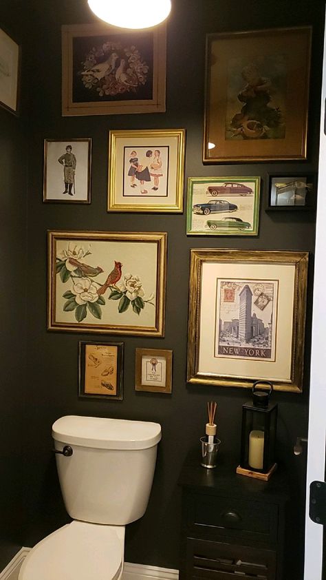 Powder Room Photo Wall, Dark Toilets Interior Design, Dark Eclectic Home Bathroom, Vintage Bathroom Artwork Wall Art, Maximalist Restroom, Bathroom Academia, Toilet Gallery Wall, Gallery Wall In Small Bathroom, Downstairs Toilet Gallery Wall