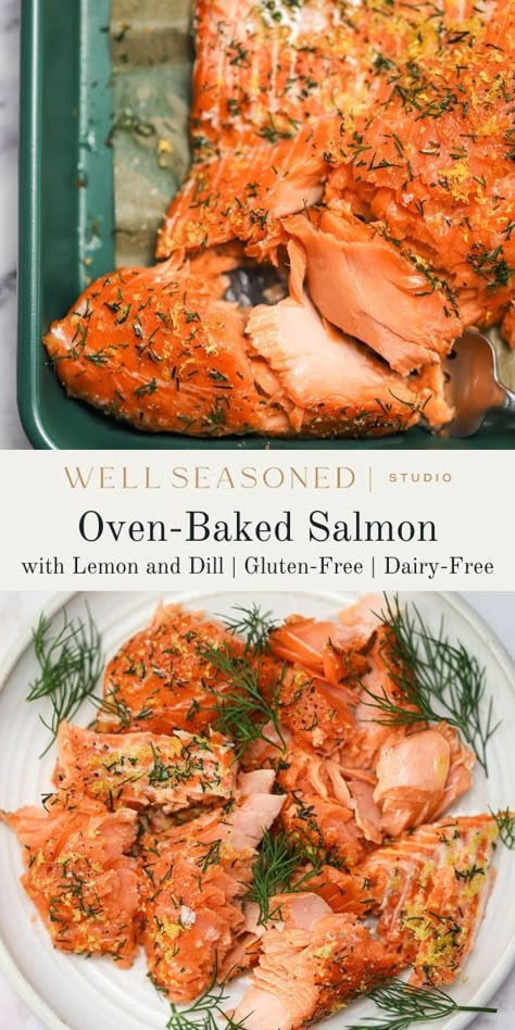 If you're looking for a delicious, easy-to-make meal that feels gourmet, try my oven-baked salmon with lemon and dill. With just a handful of ingredients and minimal prep time, you can have a restaurant-quality dinner on the table in under 30 minutes. An easy family dinner any night of the week! Gluten-free, dairy-free. #wellseasonedstudio #salmon #salmonrecipe #bakedsalmon Salmon With Lemon And Dill, Salmon Oven, Nuts Dessert, Salmon With Dill, Bake Salmon, Baked Salmon Lemon, Oven Salmon, Canned Salmon Recipes, Dried Lemon Peel