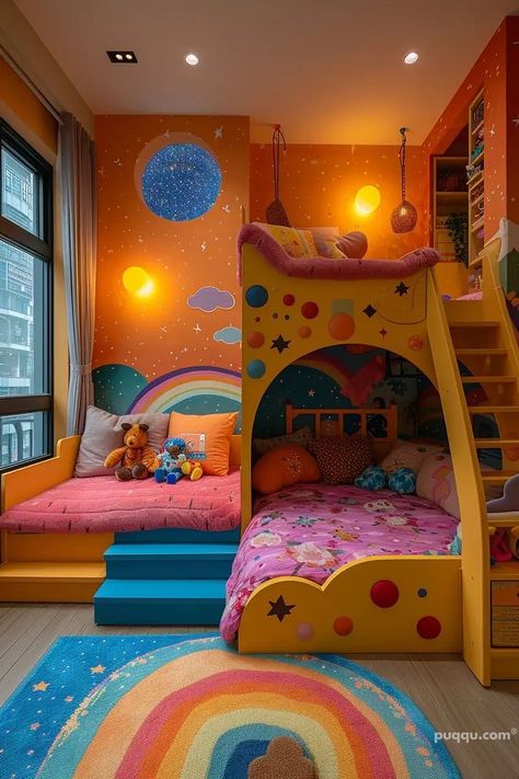 Kids Colorful Bedroom, Colorful Kids Playroom, Kidcore House, Colorful Toddler Room, Kid Core Room, Orange Kids Room, Rainbow Bedroom Ideas Kids, Kidcore Bedroom, Fun Kids Bedroom