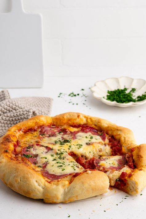 Deep Dish Pizza recipe with step-by-step photos | Eat, Little Bird #deepdishpizza #castironpizza #skilletpizza Thick Crust Pizza, Deep Dish Pizza Recipe, Chicago Style Pizza, Easy Tomato Sauce, Best Homemade Pizza, Skillet Cooking, Iron Recipes, Grilled Pizza, Homemade Pizza Dough