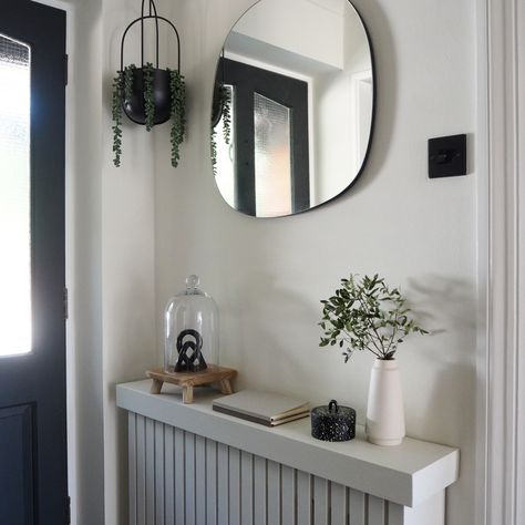 Entryway Radiator Cover, Radiator Cover Entryway, Hallway Radiator Cover Styling, Hallway Ideas Radiator Cover, Small Entrance Hall Ideas With Radiator, Radiator Cover Styling Ideas, Hallway Decorating Radiator Cover, Mirror Above Radiator, Short And Narrow Hallway Ideas