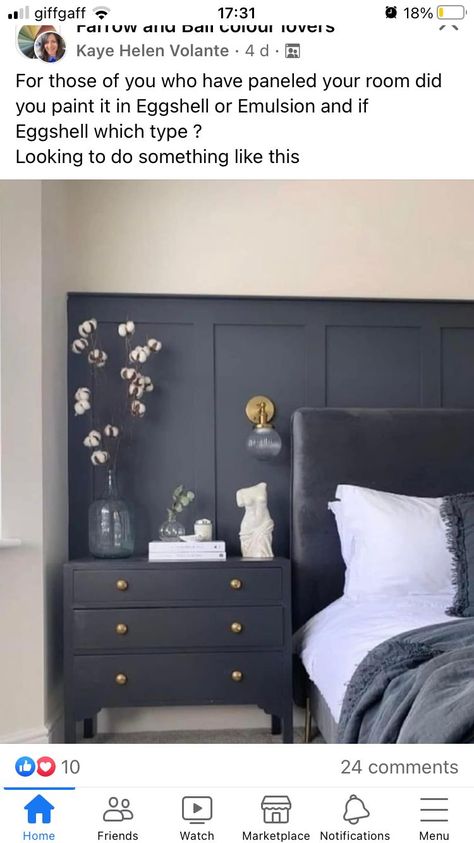 Blue Bedroom Panelling, Navy Panelling Bedroom, Blue Feature Wall Bedroom, Night Bedroom, Dark Blue Bedrooms, Panel Ideas, Feature Wall Bedroom, Warm Bedroom, Paint Kitchen