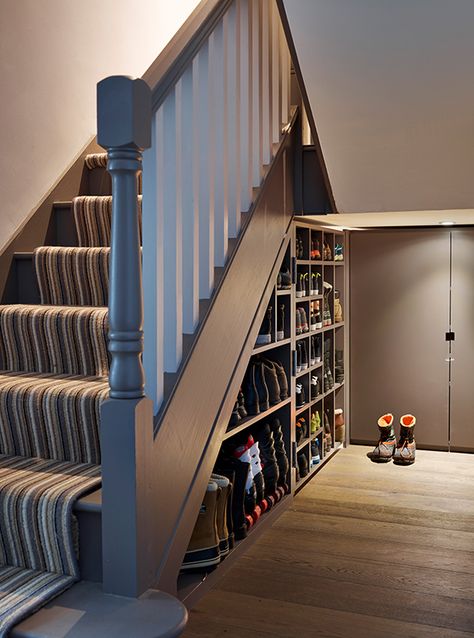 Under Stair Storage Ideas, Stair Storage Ideas, Shoe Storage Under Stairs, Living Room Under Stairs, Under Stairs Playroom, Under Stair Storage, Hallway Cupboards, Room Under Stairs, Contemporary Hallway