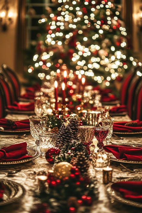 Luxurious Christmas dining table set in maximalist style. Set a stunning table for the holidays! This maximalist Christmas dining decor is overflowing with rich textures, sparkling details, and a warm, inviting atmosphere. Perfect for those who love opulent, festive decor. #HolidayTableSetting #ChristmasDining #MaximalistDecor #FestiveTable #ChristmasInspo Christmas Aesthetic Rich, Christmas Diner Decor Ideas, Candlelight Christmas Dinner, Christmas Luxury Aesthetic, Modern Luxury Christmas Decor, Classic Traditional Christmas Decor, New Year Tablescape, Opulence Aesthetic, Holiday Party Aesthetic