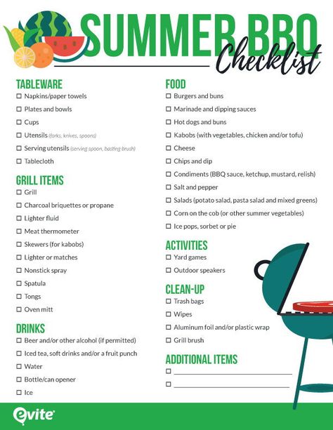 Summer BBQ shopping list. There's no better time to barbecue than the summer! Download our free summer BBQ checklist to plan a party to remember. Just print one out before you start shopping, then check off items as you go. Bbq Garden Party Ideas, Lake Bbq Ideas, Pool Party Planning Checklist, Bbq Essentials List, Summer Birthday Food Ideas Backyard Parties, Party Items Checklist, Birthday Barbecue Party, Bbq Ideas Grill Barbecue Backyard, End Of Summer Bbq Ideas