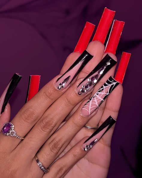 XXL red bottoms 👠😍 - limited availability for October bookings 🕸️ dm @stunna.sets to book you set ❤️ - #redbottomshoes #vfrenchnails #xxlnails #spiderwebnails #octobernails #octobernailinspo #blingnails #explorepage Red Bottom Shoes, October Nails, Bling Nails, Red Bottoms, Spider Web, Nails, Red