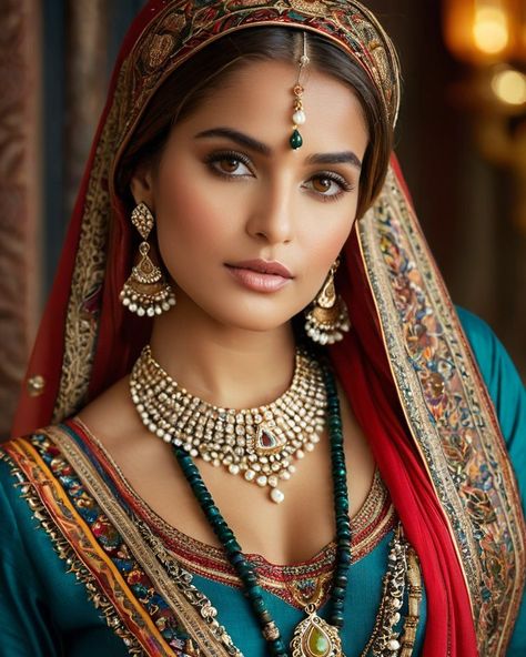 Create a portrait of a beautiful woman with striking hazel eyes and a gentle expression. She is adorned in traditional attire with intricate patterns, including a richly embroidered headscarf and matching garments. Her jewelry includes a delicate headpiece, dangling earrings, and ornate bracelets, all featuring vibrant gemstones and detailed metalwork. The background is soft and warm, enhancing the rich colors of her outfit and jewelry. #AI #AIArt #AIPhotography #GenerativeAI #CulturalBeauty... Embroidered Headscarf, Traditional Attire, Hazel Eyes, Dangling Earrings, Rich Colors, Intricate Patterns, Beautiful Woman, Head Scarf, Rich Color