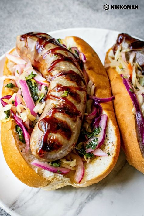 Sausage On A Bun Toppings, Sides For Sausage On A Bun, Sausage On A Bun, Asian Glaze, Tangy Coleslaw, Tangy Slaw, Grilled Brats, Brats Recipes, Grilling Hot Dogs