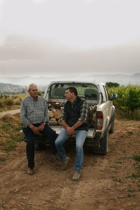 "Generational Farmers Taking A Break On The Pick Up Car." by Stocksy Contributor "Miquel Llonch" - Stocksy Farming Photoshoot, Pick Up Car, Farmer Family, Working Farm, Farm Photography, Taking A Break, Photography Poses For Men, Byron Bay, Poses For Men