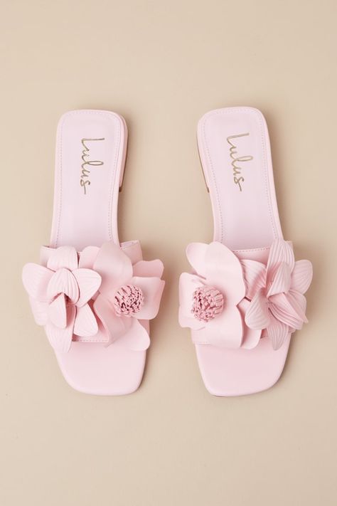 Find yourself looking like absolute perfection any time you create an outfit with the Lulus Reggina Peony Pink Flower Square-Toe Slide Sandals! Smooth faux leather shapes these too-cute summer sandals that feature a square footbed and a wide toe strap adorned with two oversized flower details. The simple, slide-on design makes these perfect for quick and easy styling! 0. 75" rubber heel. Lightly cushioned insole. Rubber sole has nonskid markings. Man made materials. Imported. Lulus | Reggina Peo Footwear Inspiration, Light Pink Heels, Closet Shoes, Pretty Sandals, Peony Pink, Flower Shoes, Pink Sandals, Sandal Heels, Size 11 Heels