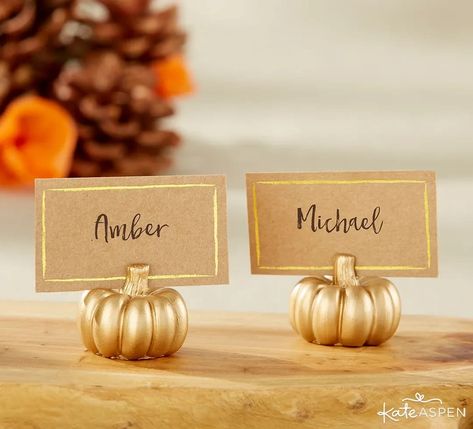 Place Setting Gifts, Gold Pumpkin, Place Card Holder, Gold Pumpkins, Table Setting Inspiration, Hosting Thanksgiving, Wedding Themes Fall, Fall Table Settings, Autumn Table