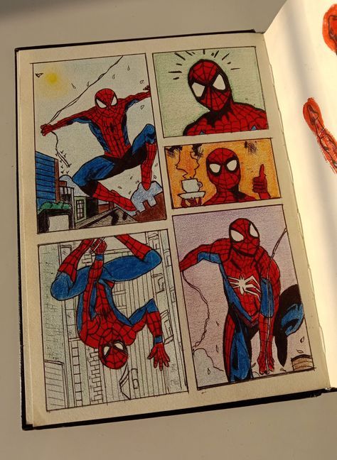 Comic Strip Spiderman, Cool Spiderman Art, Spiderman Comic Drawing, Spiderman Sketchbook Page, Spiderman Web Drawing, Spider Man Sketchbook, Comic Drawing Sketches, Spider Man Sketches, Spiderman Comic Strip