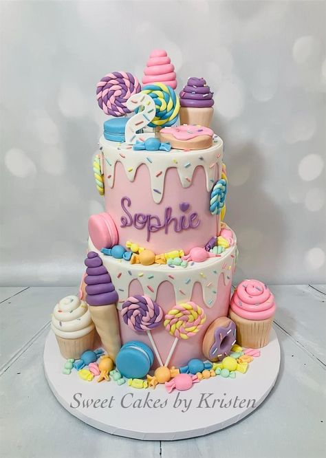 Candy Party Cake Ideas, Ice Cream Candy Birthday Theme, Four Ever Sweet Cake Ideas, Candyland 2nd Birthday Party, 4ever Sweet Birthday Cake, Pastel Candy Land Party, Candy Land Theme Birthday Party, A Sweet One Birthday Cake, Three Is So Sweet Birthday Cake