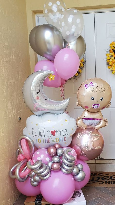 Welcome Home Baby Decor, Welcome Home Baby Girl Decorations Decor, Welcome Baby Girl Decoration Ideas, Baby Girl Welcome Decoration, Welcome Baby Balloons, Baby Welcome Decoration Home, Baby Balloon Bouquet, Welcome Home Baby Girl, Moon Baby Shower Theme