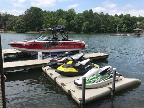 PWC Docks, Jet Ski Dock Platforms & Drive On Docks | HydroHoist Jet Ski Lift, Jet Ski Dock, Jet Skies, Floating Boat, Prairie House, Boat Cleaning, Hillside Landscaping, Boat Lift, Blue Boat